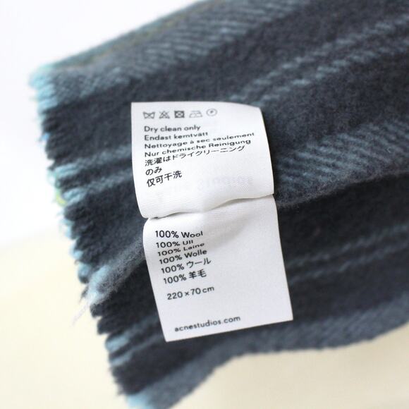 Acne Studios Wool Plaid Scarf Wrap Grey Light Blue Red Raised Logo Instructions - Picture 7 of 7